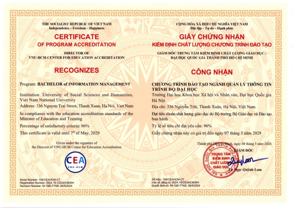 Giấy Chứng nhận kiểm định chất lượng chương trình đào tạo ngành Quản lý thông tin trình độ đại học và ngành Thông tin - Thư viện trình độ đại học