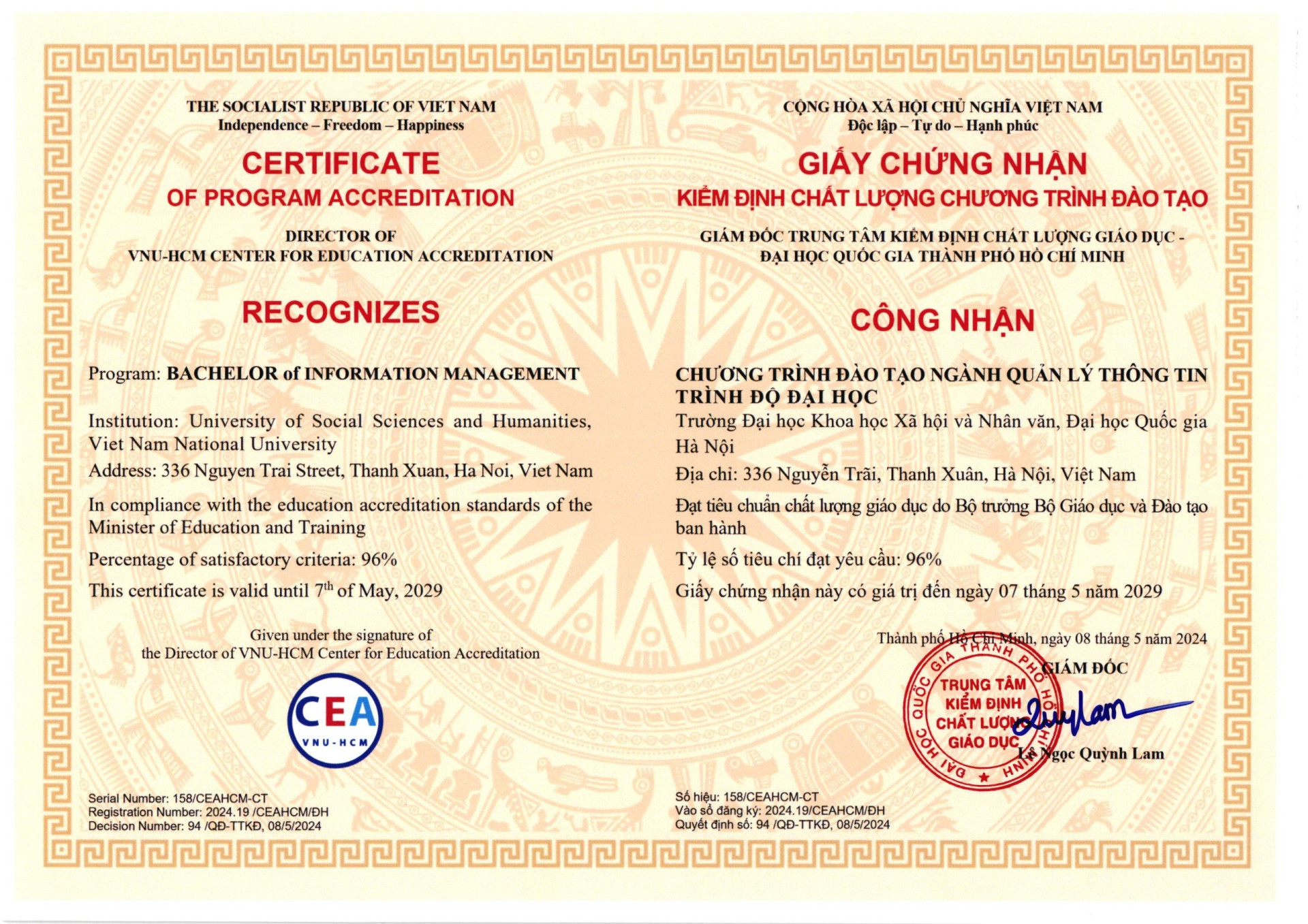 Giấy chứng nhận kiểm định chất lượng chương trình đào tạo Ngành Quản lý thông tin 